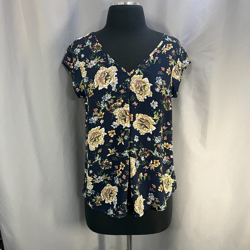 Halogen Blouse Top Womens XS Navy Blue Floral Print Cap Sleeve V Neck Casual
